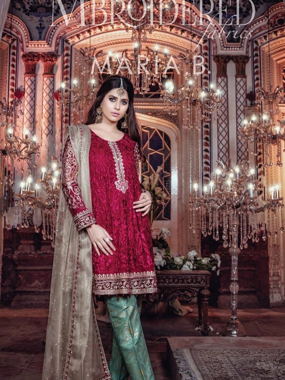 Maria B Designer Formal Embroidered Maroon Fancy Dress with Gold Dupatta S/M
